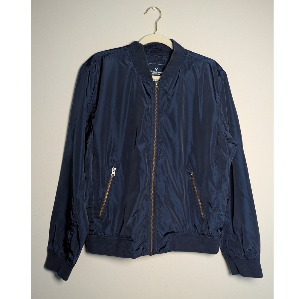 American Eagle Bomber Jacket Mens Sz M Navy Blue Technical Outerwear Zip Up Y2K